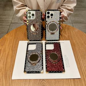 <span class=keywords><strong>Funda</strong></span> de teléfono con diamantes de imitación ostentosos de lujo con soporte de anillo de espejo, <span class=keywords><strong>funda</strong></span> protectora de borde cuadrado para <span class=keywords><strong>iPhone</strong></span> 17 16 15 14 13 12 Pro Max - Product Image 1