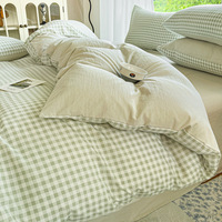 Parure de lit 4 pièces en coton 100% à carreaux minimalistes, certifiée OEKO-TEX, sans plis, 400 fils, douce, confortable et apaisante, housse de couette et drap
