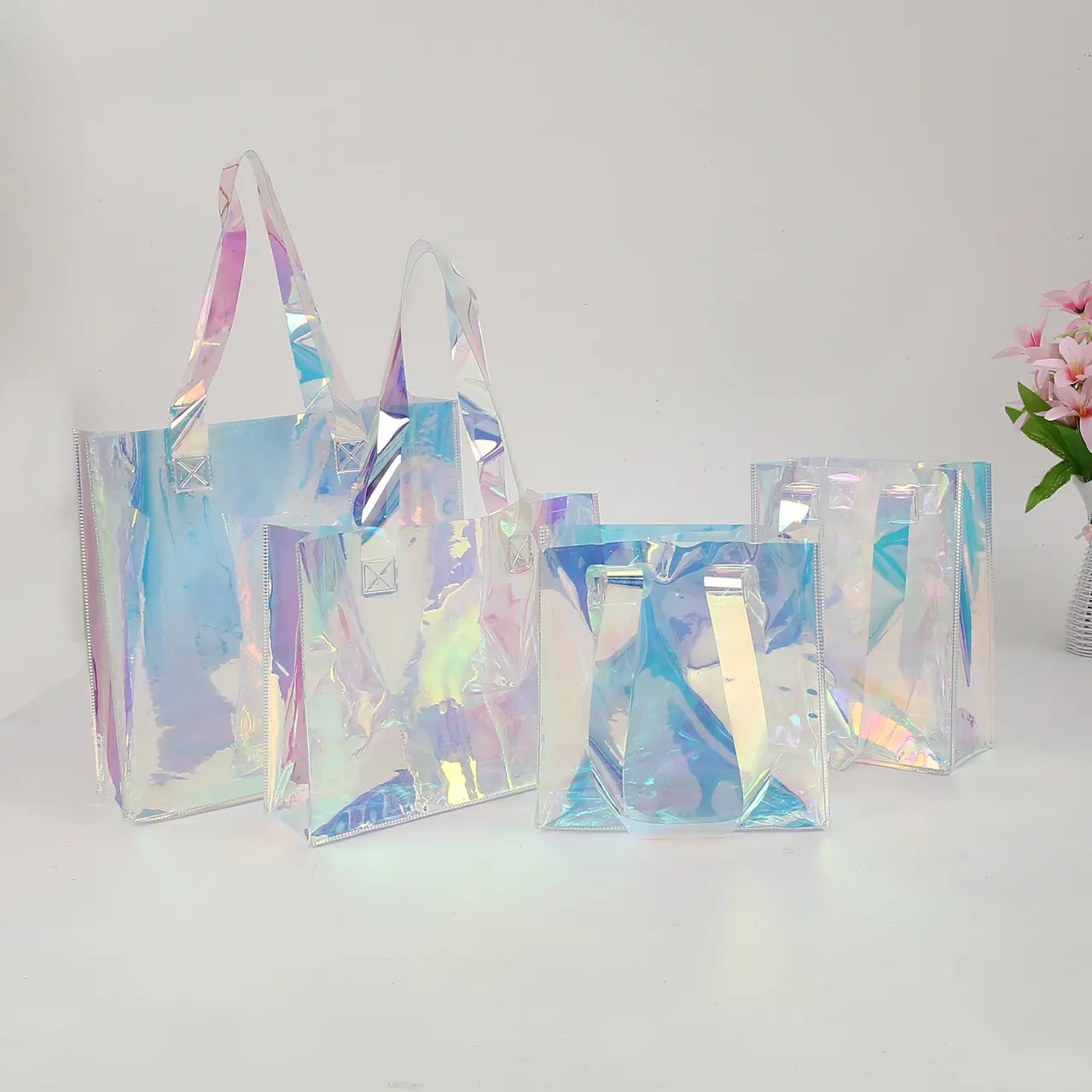 2022 new design fashionable custom logo holographic iridescent waterproof PVC shopping tote bag Clear tote bags transparent pvc