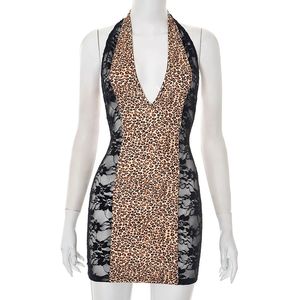 Ghh9764- 2025 Nouveau imprimé léopard col en V suspendu patchwork dentelle hanche étreinte jupe courte robe pour les femmes - Product Image 6