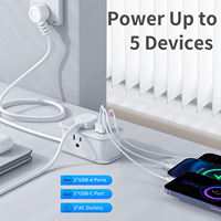 Regleta de Enchufes Pequeña con 2 Tomas de Corriente, 2 USB-A, 1 USB-C PD 3.0 de 20W con Carga Rápida para Laptop y Smartwatch, Cable Lateral Enrollable de 1.5m