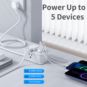 Small Power Strip 2 Outlets 2 USB-A 1 USB-C, PD20W Fast Charging, Side Cord Wrap for 1.5m AC Cable, Space-saving - Product Image 3