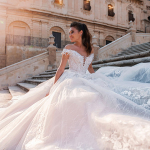 Princess Ball Gown Wedding Dress V Neck Backless White Lace Long Train 2026 Style JM0266 - Product Image 4