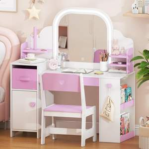 Ensemble table et chaise de maquillage multifonctionnel pour enfants, pour chambre à coucher, petite table de maquillage pour <span class=keywords><strong>filles</strong></span> et bureau d'étude avec miroir LED - Product Image 2