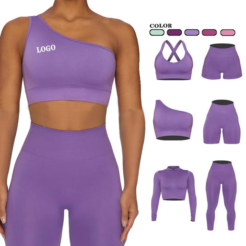 Seamless Gym Clothing for Women High Waist 5pc Yoga Set Fitness High Stretch Breathable Crop Top Bra Leggings Workout Sets