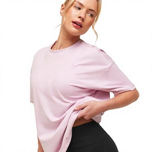 Women's <b>Pink</b> Crew Neck Short Sleeve Crop <b>Top</b> 100% Cotton Jersey Loose Fit Casual Spring Summer Solid Color T-Shirt - Product Image 4