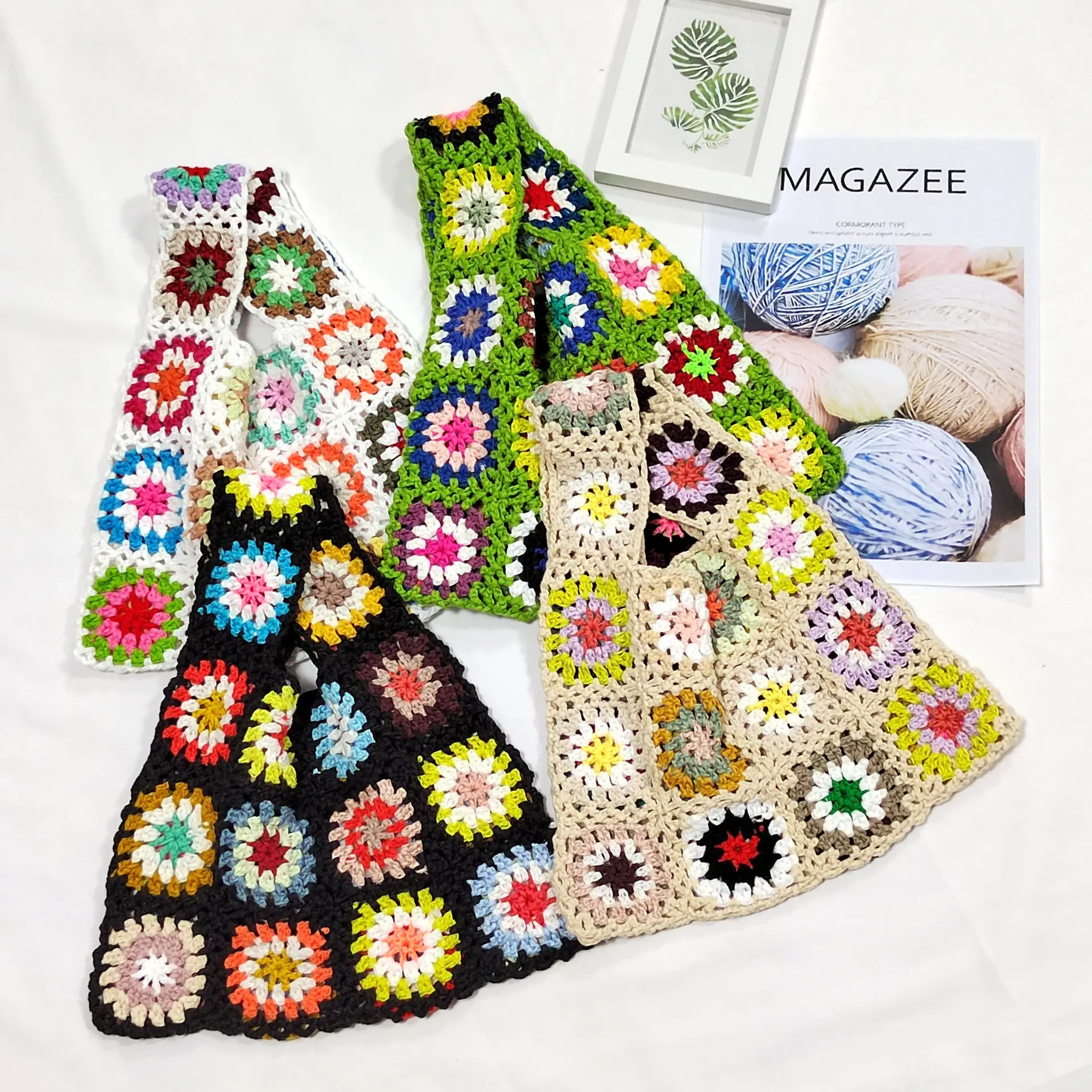 2022 Spring Summer Ethnic Pattern Hand-knitted Hand Hook Handmade Wool Handbags Women Knitted Tote Bags Crochet Purse