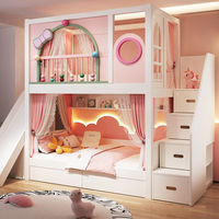 Lit superposé en bois massif pour chambre de filles, mobilier tendance et durable avec toboggan, escalier, armoire et double tiroir de rangement