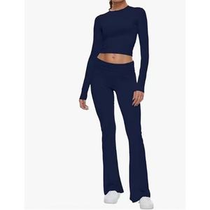 Haut de sport à manches longues pour le yoga, pantalon évasé à taille plissée, leggings, vêtements de sport, tenue de fitness, ensembles d'entraînement pour femmes - Product Image 2