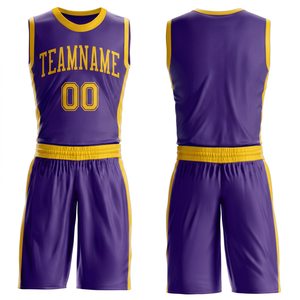 Conjunto de Uniforme de Baloncesto Morado y Amarillo, Personalizado con Nombre y Número del Equipo, Sublimado, Unisex, Adulto, Sin Mangas - Product Image 1