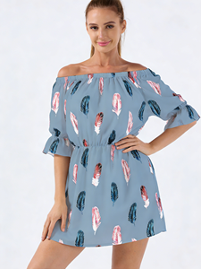 Robe Courte Femme Imprimé Plumes Épaules Dénudées Coupe Évasée Manches Élastiques Taille Naturelle Décontractée Été Plage Quotidienne Lavable - Product Image 3