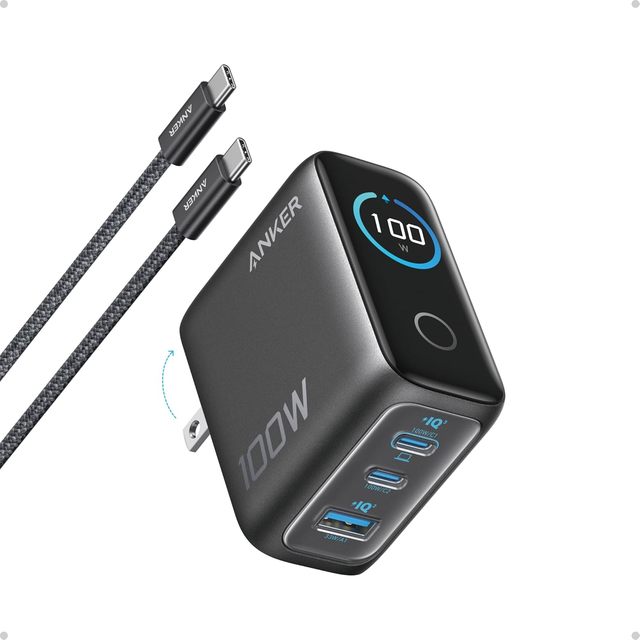 Anker B121B 100W GaN Fast Charger 3 Port USB-C PD Wall Adapter with Smart Digital Display Foldable Plug with Include Cable