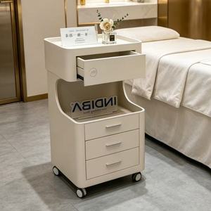 Chariot de Salon Moderne Crème Premium avec Tiroirs Intégrés, Étagère Ouverte et Roues Silencieuses pour Clinique et Spa - Product Image 3