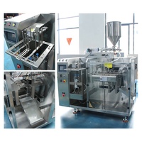 Machine de remplissage et de scellage horizontale à quatre postes pour sachets préformés de liquides (détergent lessive, savon), 50ml-1000ml, avec fonction d'emballage