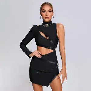 BEISHI Fashion High Neck Women Cut Out One Arm Shoulder Bodycon Mini Bandage Dress 2023