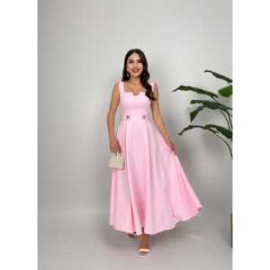 3023 เดรสผูกกระดุม ผ้าซาติน ทรงเอ คอเหลี่ยม เอวธรรมชาติ สีชมพูหวาน - Product Image 1