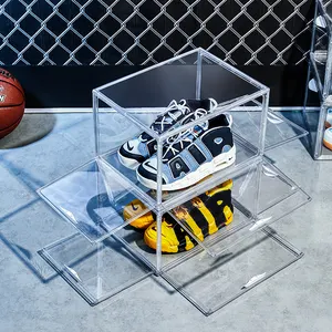 Klare Acryl magnetische stapelbare Schuhkarton Kunststoff Turnschuhe Schuhe Display Behälter gehärtete Haustier Kunststoff Schuh Aufbewahrung boxen
