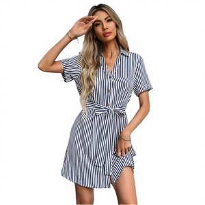 Vestido Midi Casual de Gasa para Mujer 2023 con Cintura Imperio, Detalle de Lazo y Rayas Lisas Teñidas - Product Image 3
