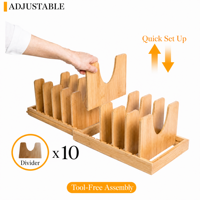 Support de rangement extensible en bambou naturel pour casseroles, avec fentes réglables, gain de place, pour couvercles de casseroles, pour armoire de cuisine et comptoir