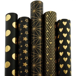 Custom Eco-Friendly Recyclable Black Gold Foil Gift <b>Wrap</b> <b>Paper</b> <b>Roll</b> Stars Hearts Geometric Patterns Double Sided PE Digital - Product Image 3