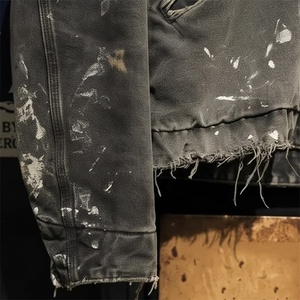 ES カスタムメーカー メンズ 冬用 トラッカー ワークウェア ジャケット ダメージ加工 コットンツイル ダックキャンバス ペイント スプラッター ストリートウェア パッチ - Product Image 4