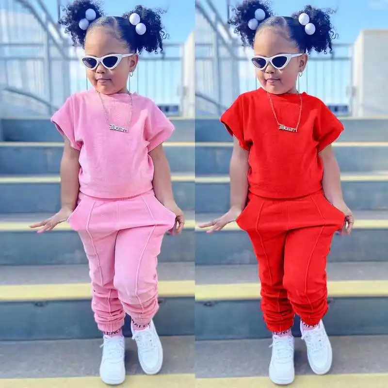 J&H 2022 spring summer new arrivals kids clothes girls fashion tshirt and pants 2 piece set solid color toddler cotton outfits