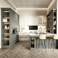 Ensemble d'armoires de cuisine modernes bicolores en bois sur mesure avec évier intégré, îlot, armoire vitrine LED, robinet, charnières et glissières de tiroirs