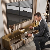 Ensemble meuble TV et table basse de style italien de luxe, moderne, minimaliste du milieu du siècle, pour salon de villa, en dalle de granit et MDF écologique