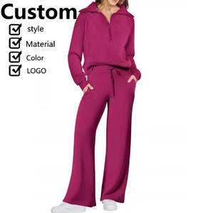 ชุดกีฬาลำลองสำหรับฤดูใบไม้ร่วงและฤดูหนาวกางเกงขากว้างแขนยาวมีซิปคอตั้งสีทึบ - Product Image 1