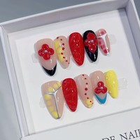TSZS French Almond Faux Ongles à Presser Faits Main avec Décoration 3D Fleur Rose Strass Perles Réutilisables pour Femmes
