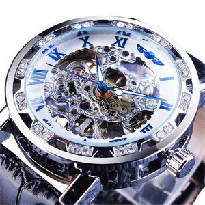 Montres mécaniques pour hommes WINNER 1089 avec strass ajourés, cadran en verre tendance, bracelet en cuir manuel - Vente en gros - Product Image 3