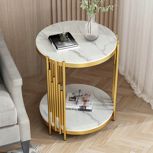 Table basse de salon contemporaine en pierre frittée, table d'appoint circulaire en métal avec rangement, design moderne doré, mobilier de maison noir durable - Product Image 1