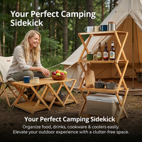 Table de pique-nique portable en bambou pour l'extérieur, étagère de cuisine pliable pour le camping avec assemblage sans outils pour le camping en famille et l'utilisation en cour.