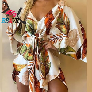 Nuevo Estilo Vestido de Fiesta Irregular con Estampado Floral de Verano, Manga 3/4, Elegante y Sexy para Mujer, Cuello en V, Holgado, con Cordones y Cinturón - Product Image 6