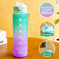 Grande bouteille d'eau unisexe de 1 L en PC écologique pour sports de plein air, avec paille, couleur dégradée, marqueur de temps, pour voyage et sport