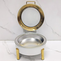 Matériel de restauration : Réchaud de buffet rond en acier inoxydable blanc et or avec couvercle hydraulique pour la restauration