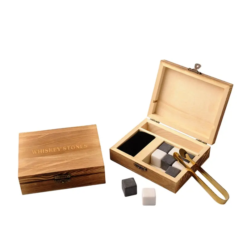 Ice Cooling Gin Chilling Rocks Natural Granite Whiskey Stone In Wooden Box With Velvet Bag And Ice Clip For Men