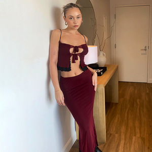 Ensemble deux pièces pour femmes, robe longue dos nu croisée, couleur contrastée, costume décontracté en polyester FD9818 - Product Image 4