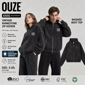 Cardigan à capuche zippé pour homme avec strass, 450 g/m², effet délavé, style streetwear américain vintage, personnalisable avec logo - Product Image 1