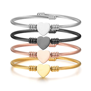 Blank Heart Charm Twisted Cable Wire Cuff <b>Bangle</b> Stainless Steel PVD Gold | Custom Laser <b>Engraving</b> Bracelet - Product Image 1