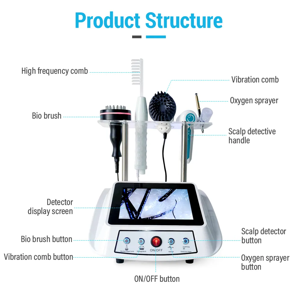 Sisir pijat kulit kepala frekuensi tinggi, 5 dalam 1 sisir pijat pertumbuhan kembali/semprotan perawatan kulit kepala bio sikat mesin analisis kulit kepala