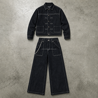 Ensemble veste en jean foncé et jean large pour homme avec fermetures à boutons et détails chaîne – Vêtements OEM ODM