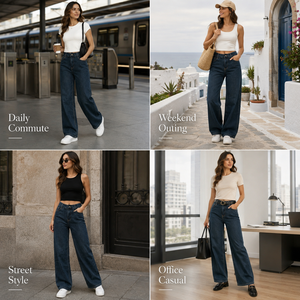 Jeans da Donna a Vita Alta, Gamba Larga, Blu Scuro, Lunghezza Intera, Vestibilità Comoda, Tinta Unita, in Cotone Lavato, Traspiranti, Stile Autunnale - Product Image 4