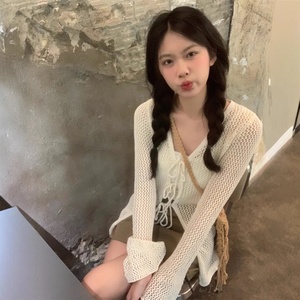 Maglione da donna bianco in mohair traforato, <span class=keywords><strong>elegante</strong></span>, con scollo a V, allacciatura all'americana, maniche lunghe, vestibilità ampia, colore estivo - Product Image 3