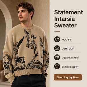 Maglione da Uomo Personalizzato in Maglia <span class=keywords><strong>Jacquard</strong></span> Intarsiata, Pesante con Orlo Distressed, Pullover Gotico con Grafiche, OEM ODM Streetwear - Product Image 1