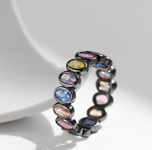 S925 Silver Eternity Band <b>Ring</b> Black Rhodium Plated <b>Crystal</b> Rhinestone Bezel Setting Unisex Bohemia Style Everyday Wear - Product Image 3