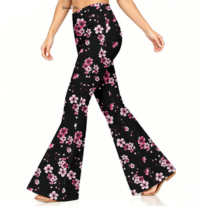 High Waisted Cherry Blossom Digital Print Flare Leggings <strong>Women</strong> Sakura Floral Graphic Bell Bottom Pants Summer Yoga <strong>Trousers</strong> - Product Image 1