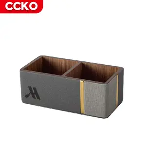 Restaurant Customized Hotel Amenities Rectangle Storage Containers Grey Color Double Grid Leather Wood Tea Box Without Cover