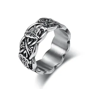 10mm Stainless Steel Ring Silver Black Vintage Celtic Wolf Eternal Knot Stainless Steel Ring finger rings