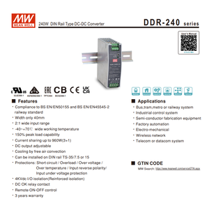 MEAN WELL DDR-240D-24 240W 24V 10A 67.2‑154VDC ตัวแปลงไฟ DC‑DC แบบราง DIN ประสิทธิภาพสูง 92% ระบบแยกไฟแบบเสริมแรง 4KV - Product Image 2
